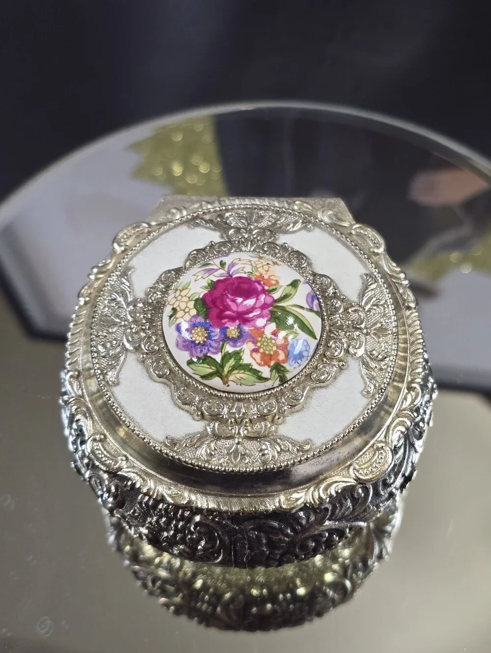 Vintage Bijoux Silver Tone Floral Round Porcelain & Metal Trinket Box